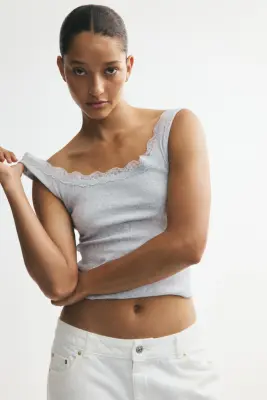 Débardeur avec dentelle - Gris clair chiné — photo 1