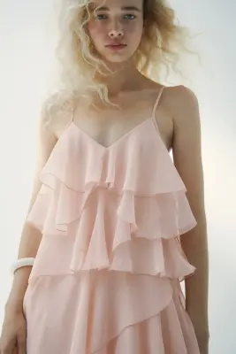 Robe en mousseline avec volants étagés - Rose clair — photo 3