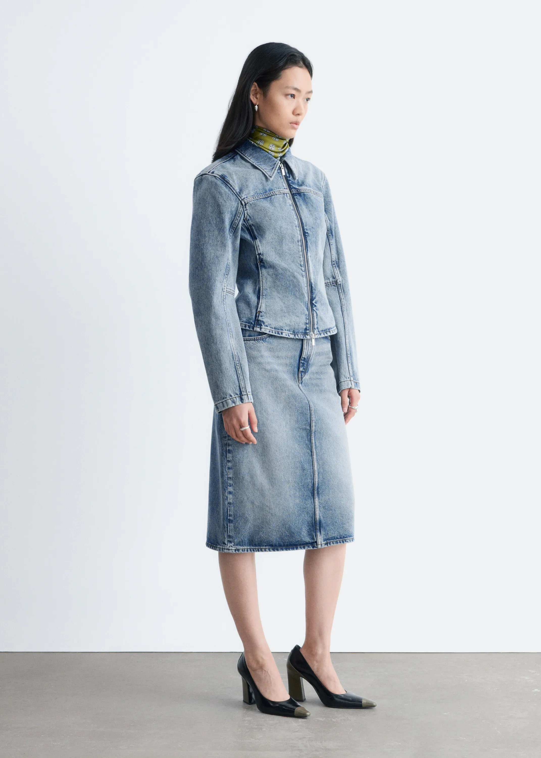 Veste zippée et ajustée en jean - Bleu délavé