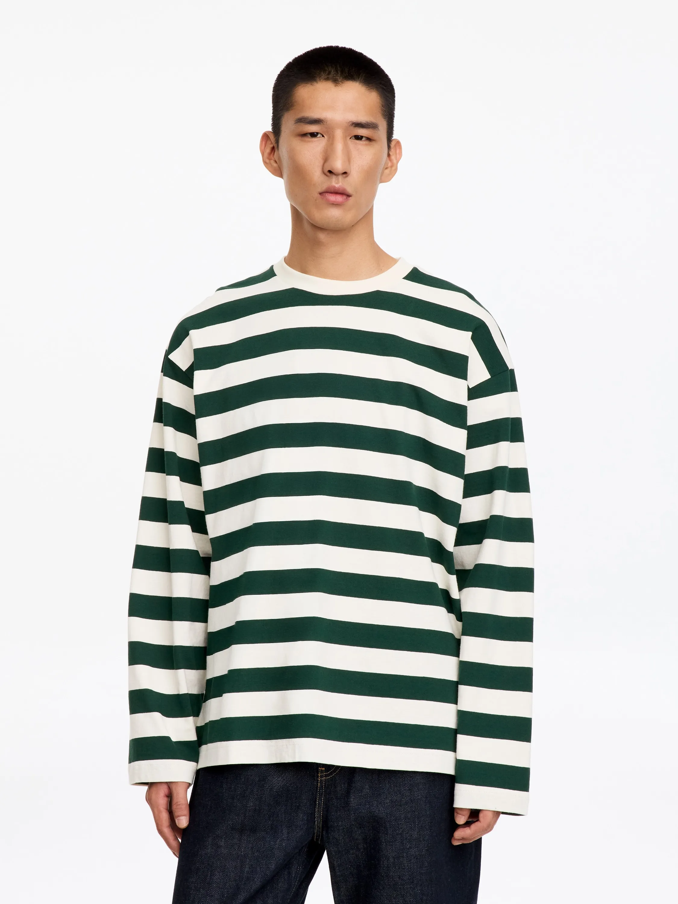 T-shirt décontracté à manches longues - Vert foncé/Écru