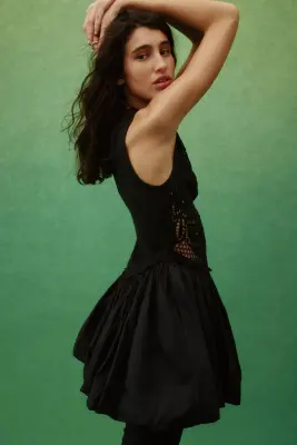 Robe en lin mélangé avec base à effet boule - Noir — photo 3