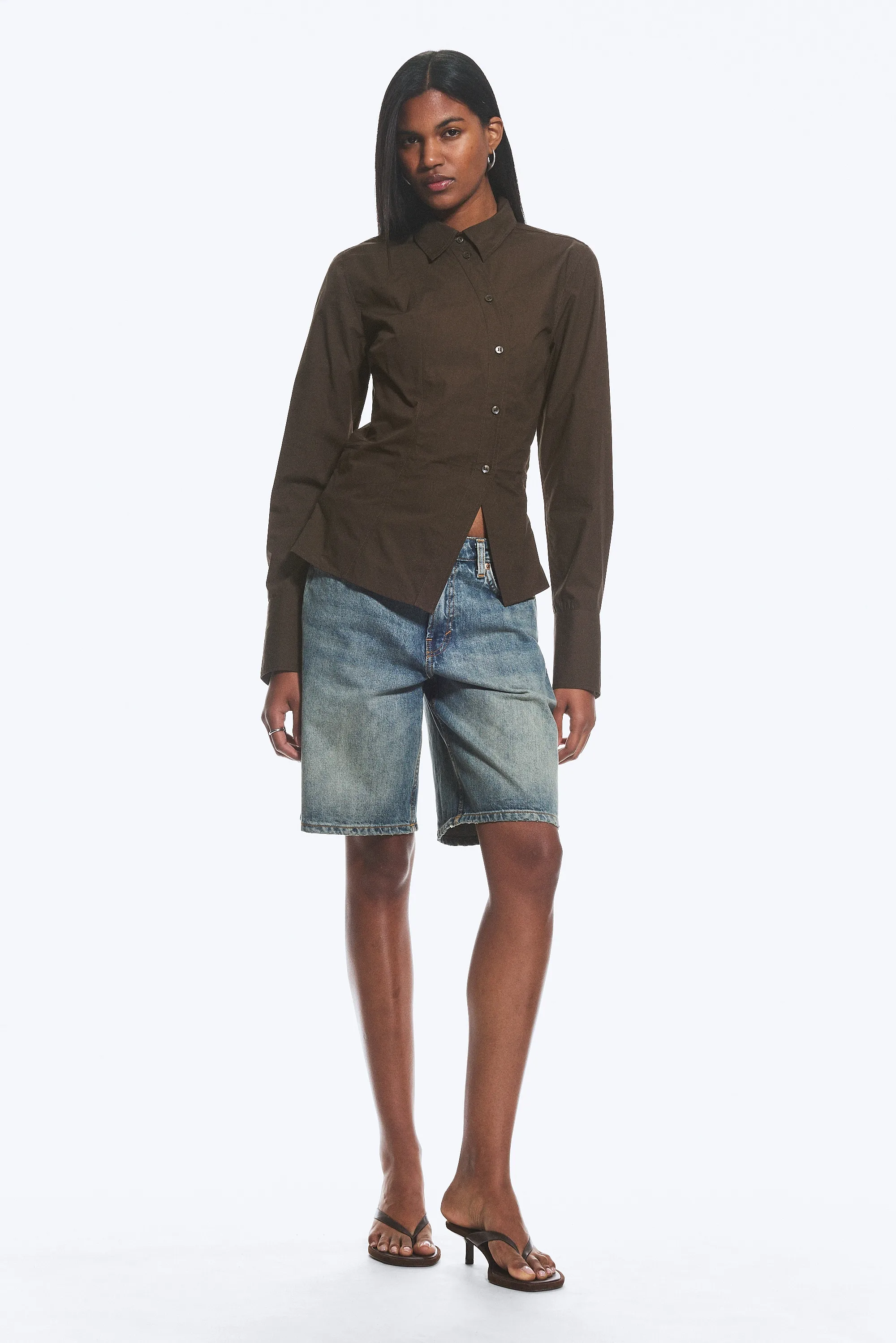 Chemise ajustée en popeline asymétrique - Marron foncé