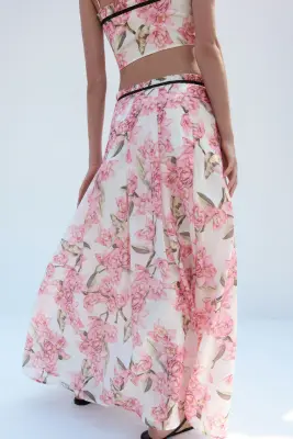 Crop top en lin mélangé - Ivoire/fleuri — photo 3