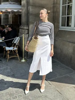 Jupe taille haute trapèze longueur midi en jean blanc Prix boutique 200€ Taille 34 — photo 2