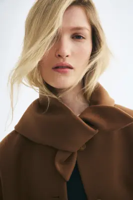 Scarf-collar twill jacket - Marron — photo 3