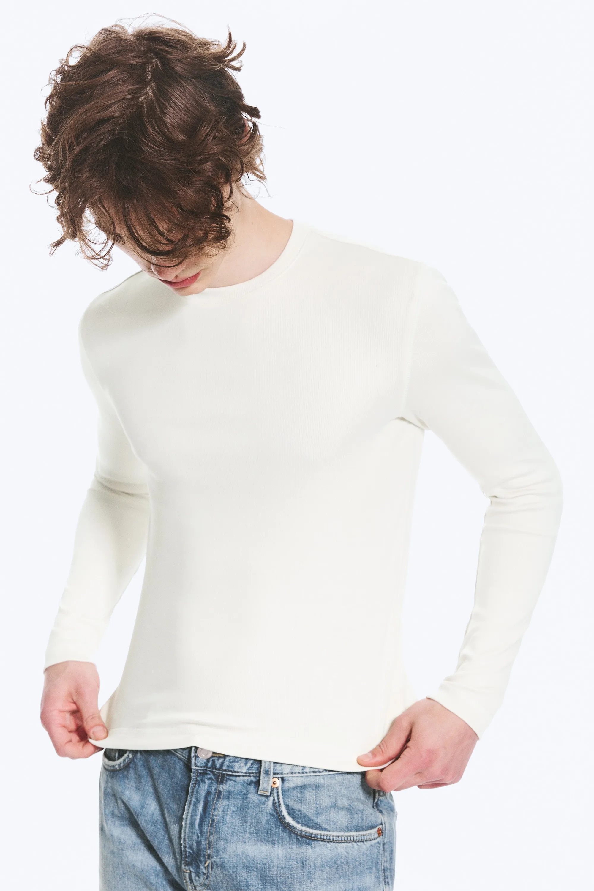 T-shirt côtelé à manches longues - Blanc cendré