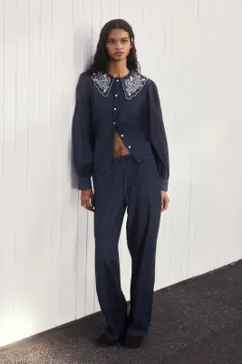 Blouse en denim avec col brodé - Bleu denim foncé — photo 1