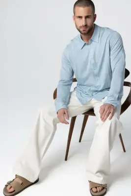 Chemise Bleu Clair Col Chemise Manches Longues en Lin / Elasthanne — photo 4