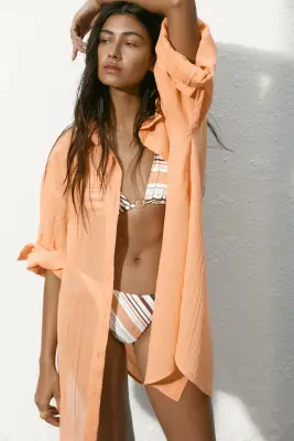 Longue chemise en coton - Orange clair — photo 1