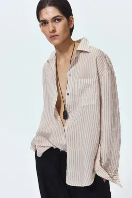 Chemise oversize - Beige clair/rayé — photo 3