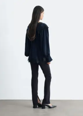 Blouse en crêpe à finitions en dentelle - Bleu/Noir — photo 4