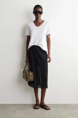 T-SHIRT COL EN U EN COTON LÉGER - BLANC — photo 1