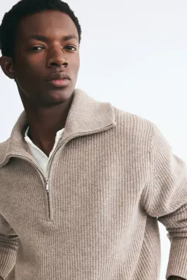 Pull Regular Fit en laine avec col zippé - Beige — photo 1