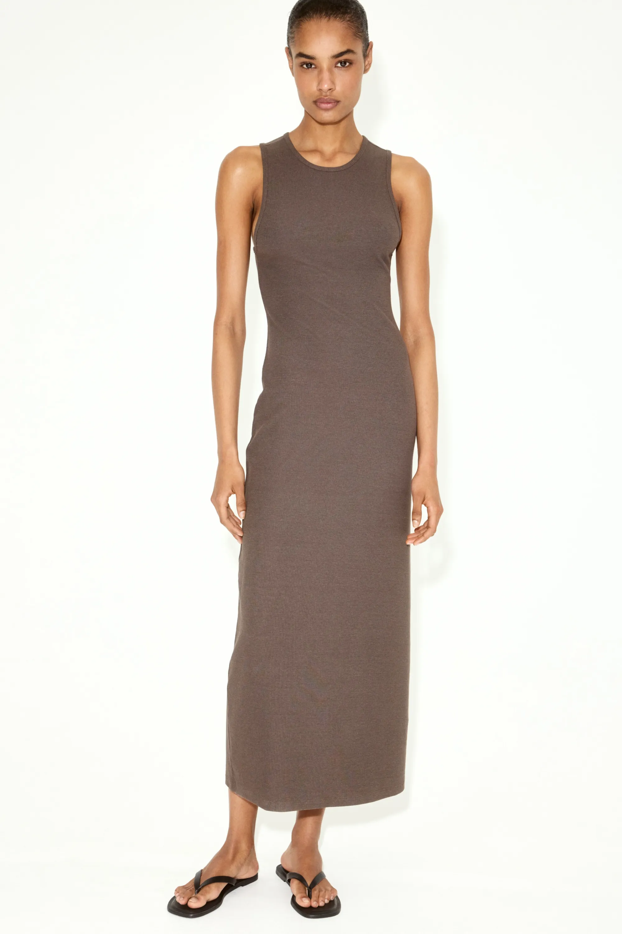 Robe maxi en maille côtelée - Taupe foncé
