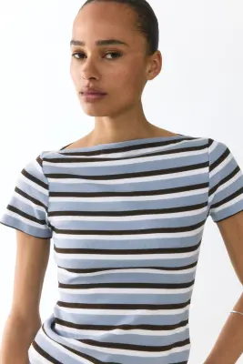 Top à encolure bateau en coton - Bleu clair/rayé — photo 2