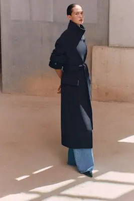 MANTEAU CEINTURÉ À COL CHEMINÉE EN LAINE MÉLANGÉE - NOIR — photo 2