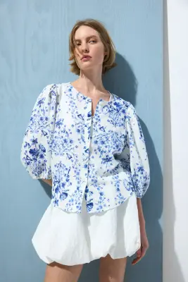 Blouse en lin mélangé - Bleu moyen/fleuri — photo 2