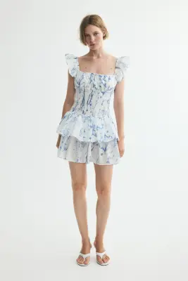 Robe à taille smockée - Blanc/bleu/fleuri — photo 1