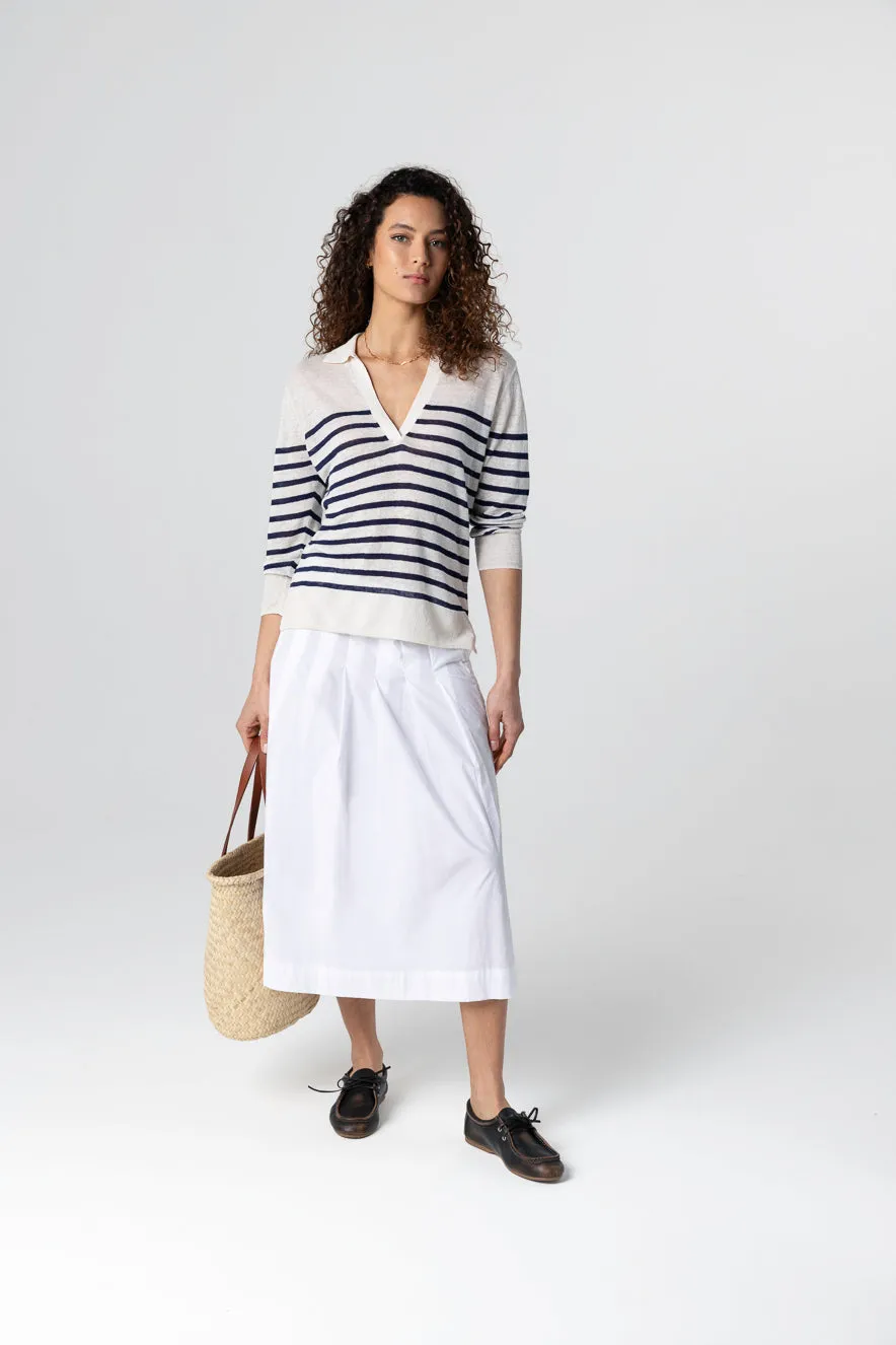 Polo Rayé Bleu Manches Trois quarts en Lin