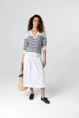 Polo Rayé Bleu Manches Trois quarts en Lin