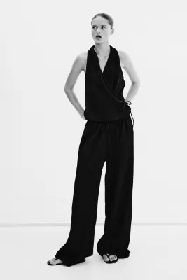 Pantalon texturé avec cordon de serrage - Noir — photo 1