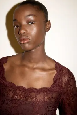 Top à manches longues en dentelle - Rouge foncé — photo 2