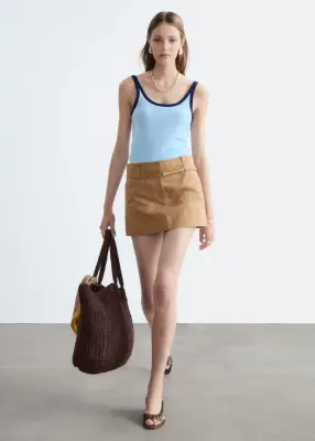 Mini-jupe ceinturée en sergé de coton - Beige — photo 2