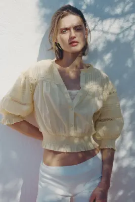 Blouse en coton avec plis nervure - Jaune clair — photo 2