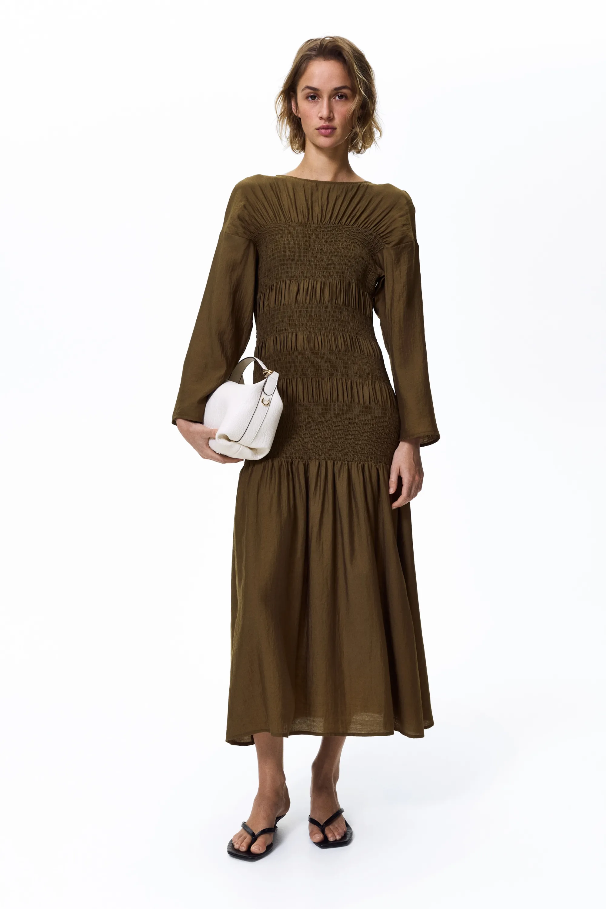 Robe smockée - Vert kaki foncé