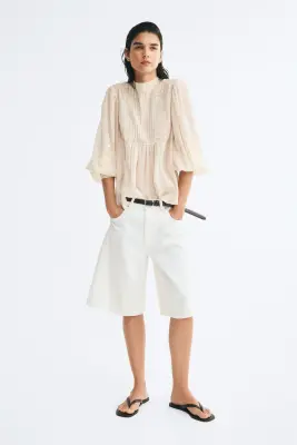 Blouse brodée avec dentelle - Rose poudré — photo 1