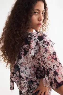 Robe plissée avec volants - Noir/fleuri — photo 4