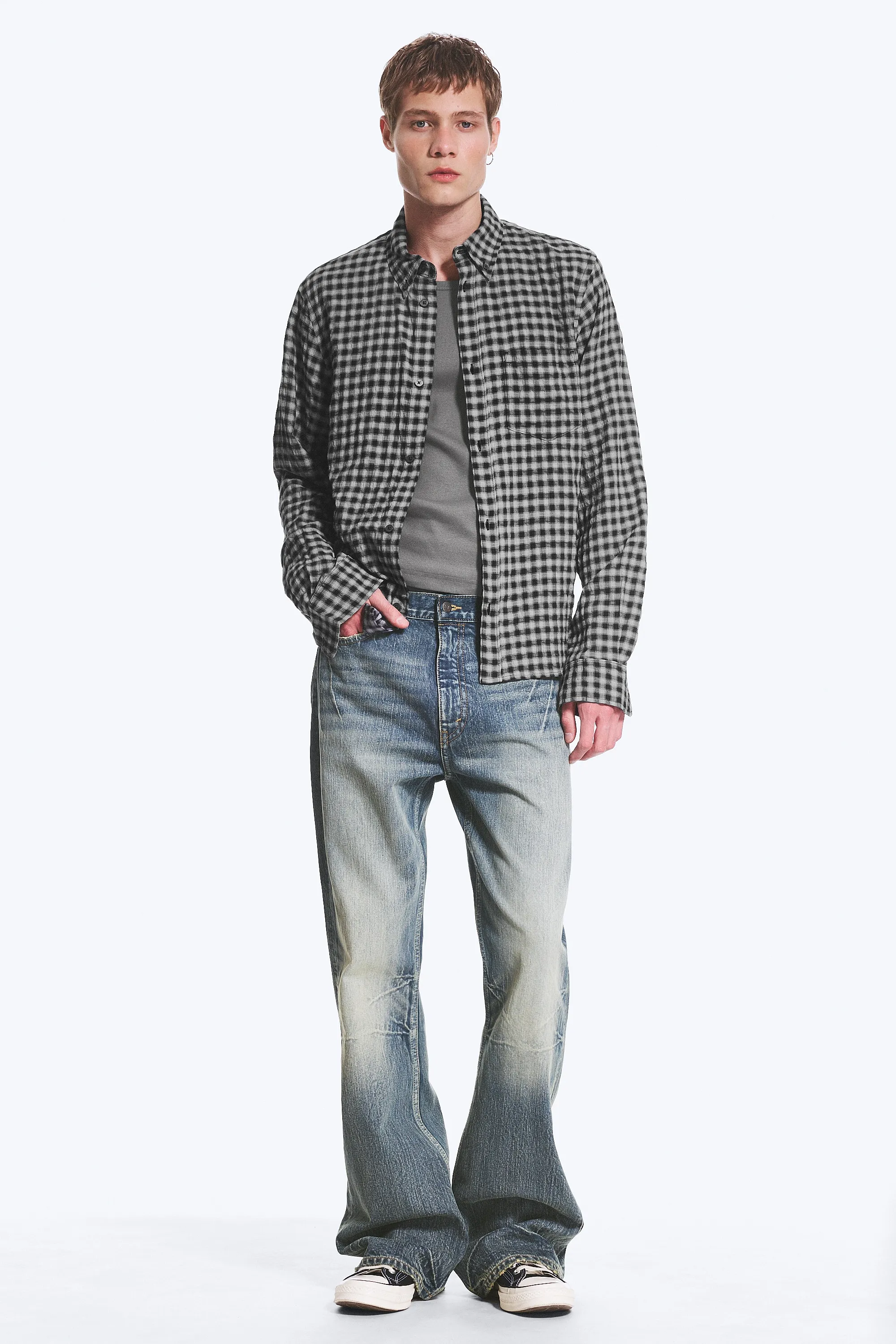 Chemise Structurée Boutonnée À Manches Longues - Noir/Gris à carreaux