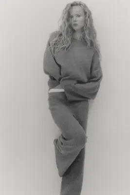 Pantalon large en maille côtelée - Grège — photo 2