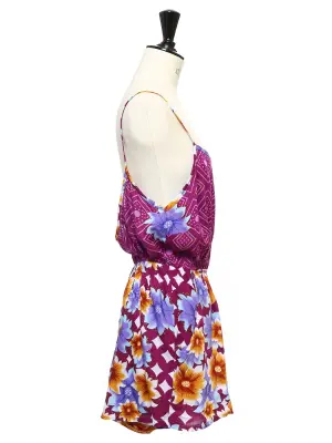 Combi-short dos nu à fines bretelles imprimé bordeaux violet et jaune Taille 36 — photo 3