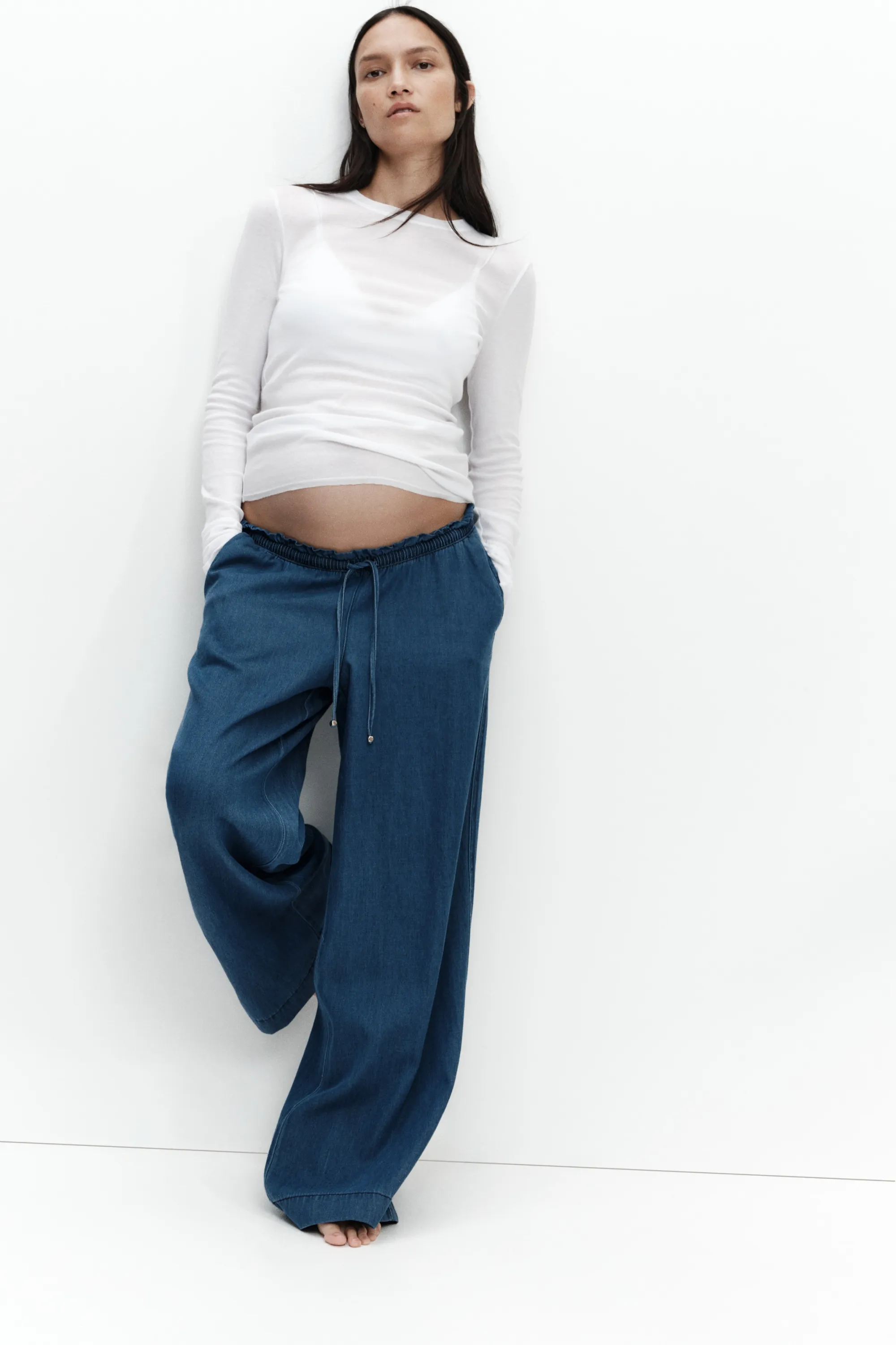 MAMA Pantalon paper bag à jambes larges - Bleu denim