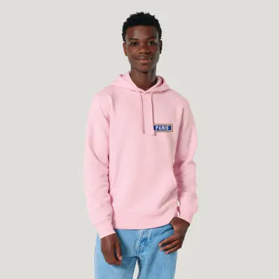 SWEAT SHIRT CAPUCHE COTON BIO BRODÉ - PARIS - ROSE — photo 2