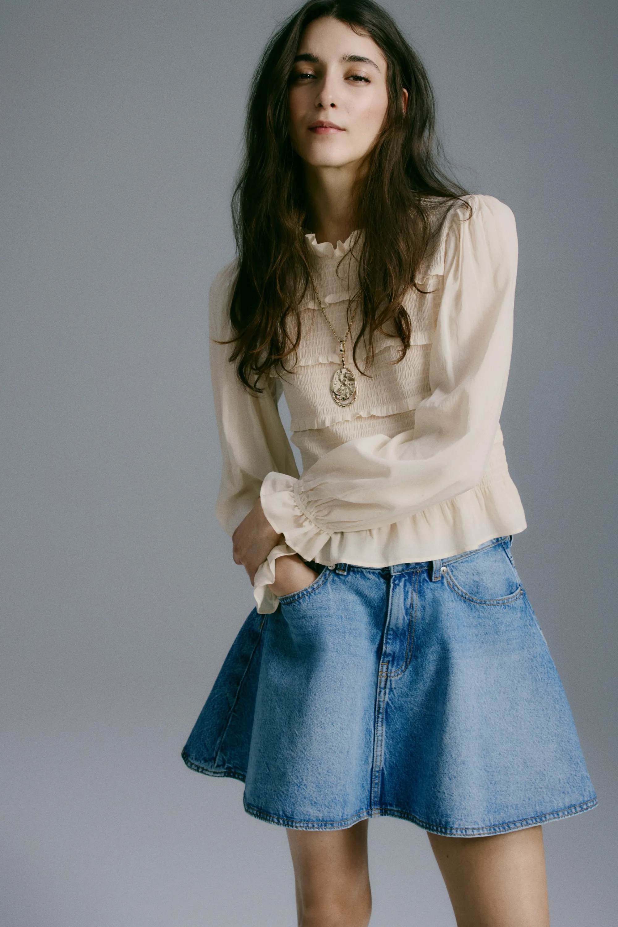 Top à corsage smocké - Beige clair