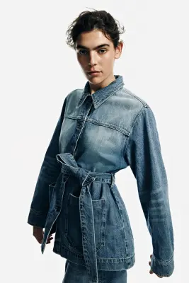Tie-belt denim jacket - Bleu denim — photo 4