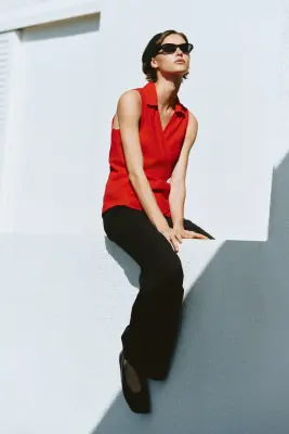 Top croisé en lin mélangé - Rouge — photo 2