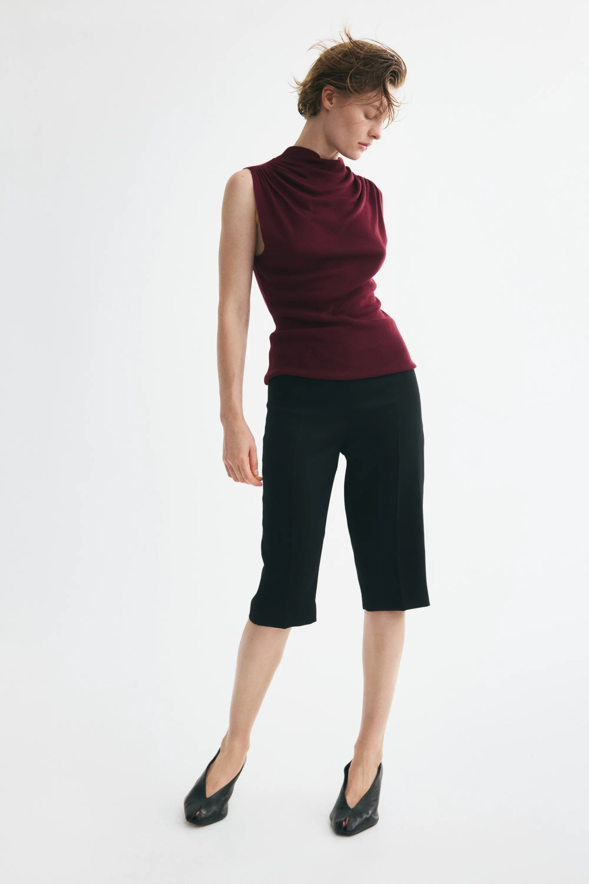 Top à effet drapé en maille - Bordeaux