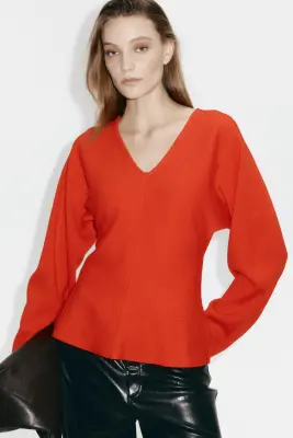 Top à encolure en V en maille - Rouge vif — photo 2