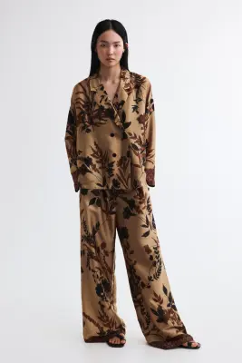 Pantalon à pinces en twill satin - Beige/motif — photo 1
