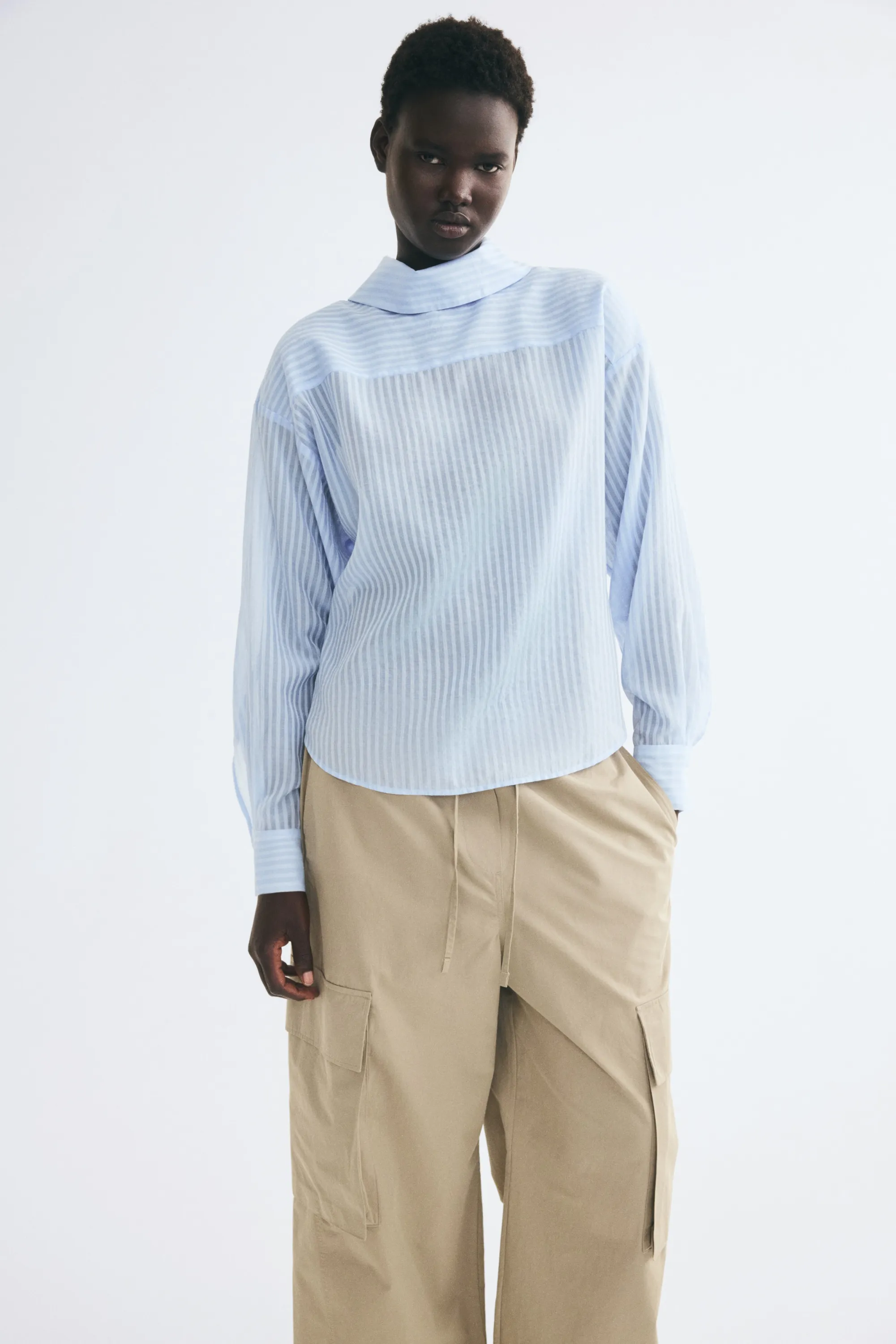 Blouse à col droit - Bleu clair/rayé