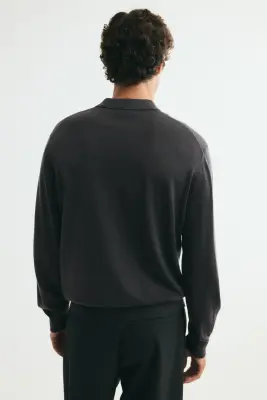 Polo Regular Fit à col zippé en laine mérinos - Gris foncé — photo 3