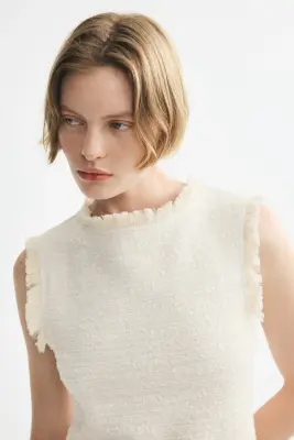 Robe frangée en maille bouclette - Crème — photo 2