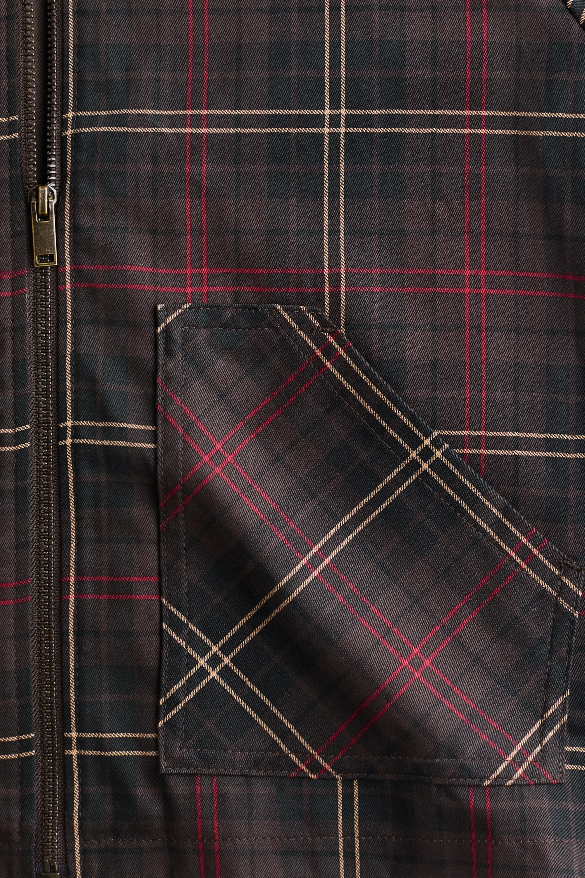Veste en twill avec col en velours côtelé - Marron foncé/carreaux
