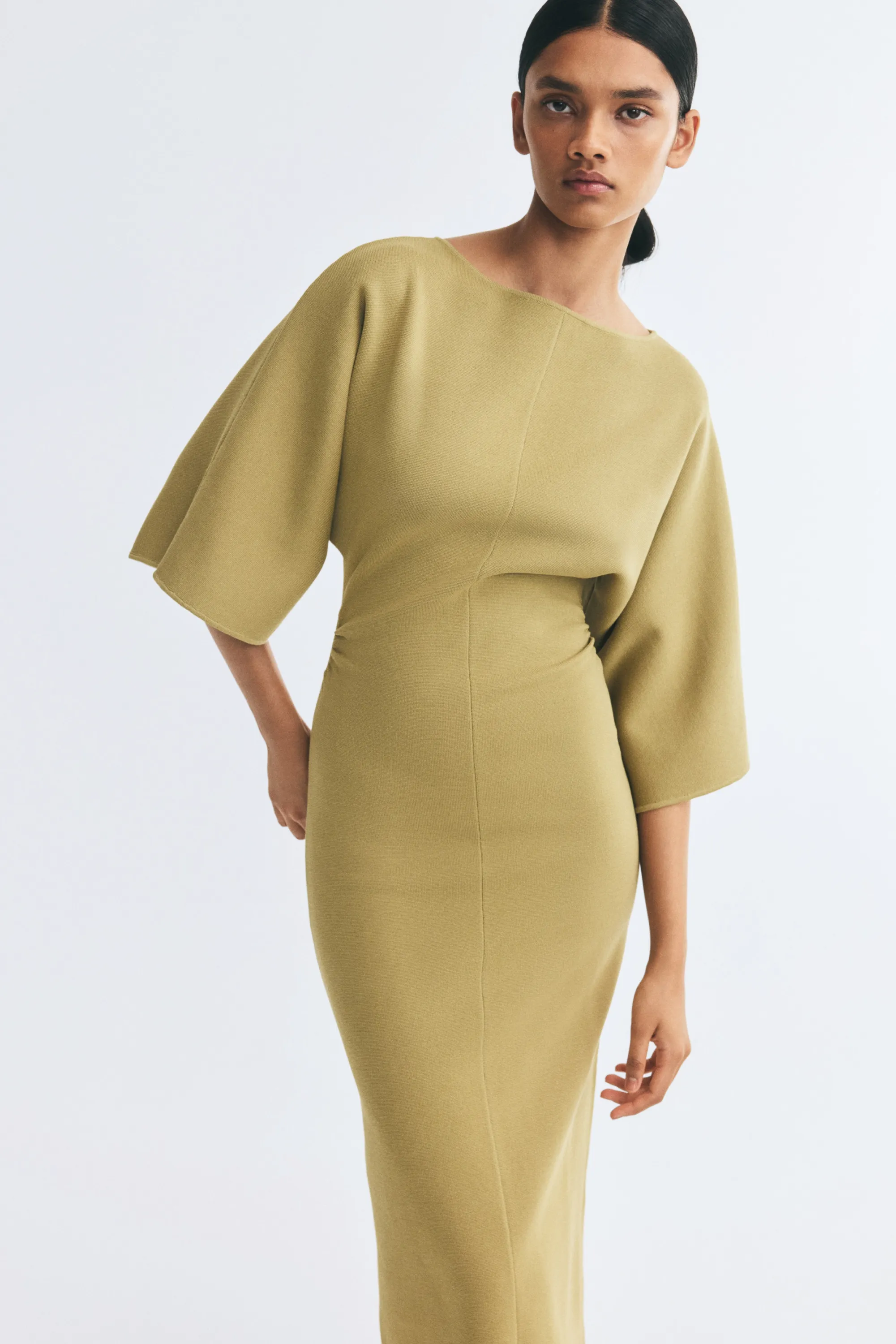 Robe midi à effet drapé - Jaune moutarde