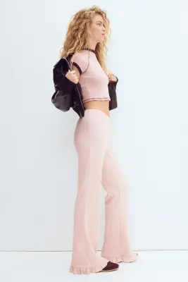 Pantalon évasé en maille côtelée - Rose clair — photo 2