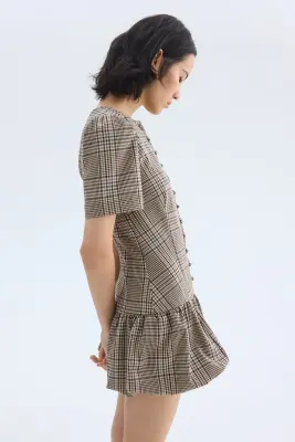 Bubble-hem dress - Beige/carreaux — photo 3