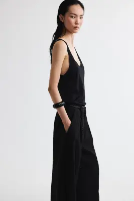 Pantalon en lin mélangé avec ceinture à nouer - Noir — photo 4